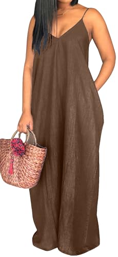 Image of SeNight Women's Maxi Denim Dress Spaghetti Strap with Pockets | Maxi Denim Dress Spaghetti Strap Loose Fit Summer Beach Long Dress with Pockets