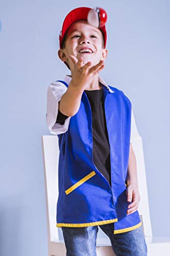 Conjunto Ash, Treinador de Pokemon - camisa azul, camiseta preta, boné, luvas e pokebola