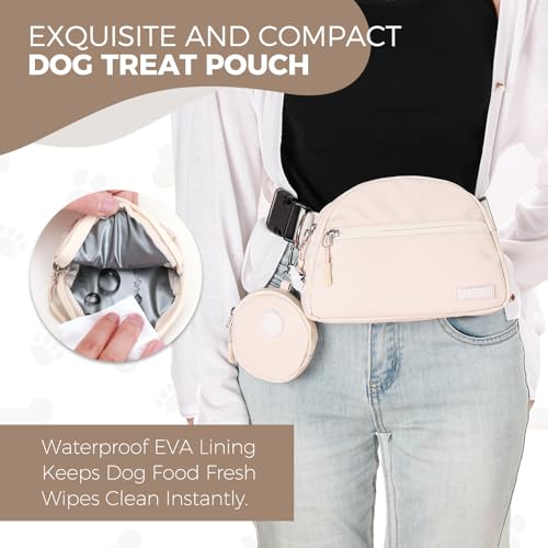 WINPAWS Dog Treat Pouch Pet Training Walking Fanny Pack with Built-in Poop Bag Dispenser & Waste Bag Holder | Stylish Puppy Training Essentials Supplies | Free Dog Clicker (Cream)