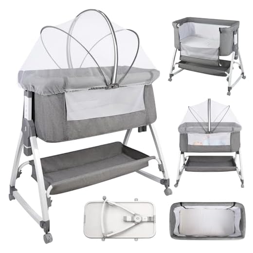 HUOLE Lit Cododo Bébé 0-6 Mois avec Roues Intégrés, 2en 1 Lit bébé Berceau Cododo,Berceau Cododo avec Matelas et Moustiquaire,80 * 40 * 100-115 cm (6 Niveaux de Hauteur) - Lin