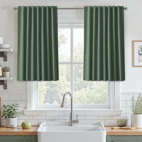 UHITECH Short Linen Blackout Curtains for Bedroom 36 Inch, Olive Green