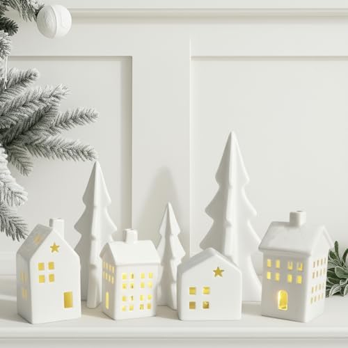Newtay 7 Pcs Ceramic Christmas Village Set 4 LED Light up White C...