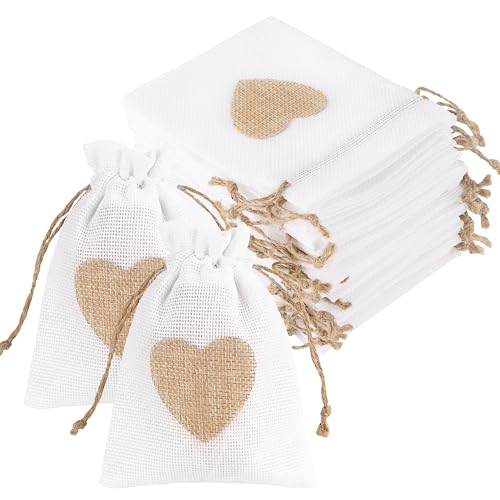 20PCS Sachets en Toile de Jute 10x14cm Pochettes Jute en Motif de Coeur Lot de Petit Sac avec Cordon Continir Bonbons Bijoux Boite Cadeau Dragees pour Mariage...