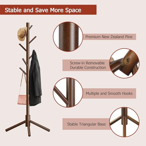 Azaeahom Coat Rack, Coat Racks Freestanding with 8 Hooks 3 Adjustable Heights for Clothes, Hats, Handbags, Coat Tree Easy Assembly for Entryway, Bedroom, Hallway, Office(Brown) by Azaeahom - Image 6