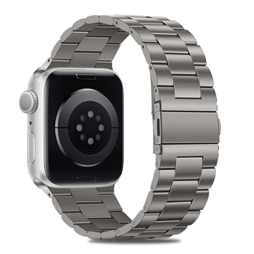 Image of HITZEE Compatible with Apple Watch Band 46 /45 /44 /42mm Business Stainless Steel Metal Strap Men Women Link Bands Compatible for iWatch SE3-1 Series 11 10 9 8 7 6 5-1, 42 /44 /45 /46mm Titanium