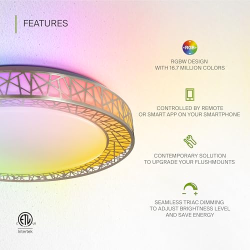 ASD 20 Inch Smart RGBW Flush Mount Ceiling Light with Remote - Brushed Nickel 42W 120V 2700-6500K Dimmable Ceiling Light Fixture, WiFi App Control RGB Lights, Alexa & Google Assistant - ETL by ASD - Used condition - Image 4