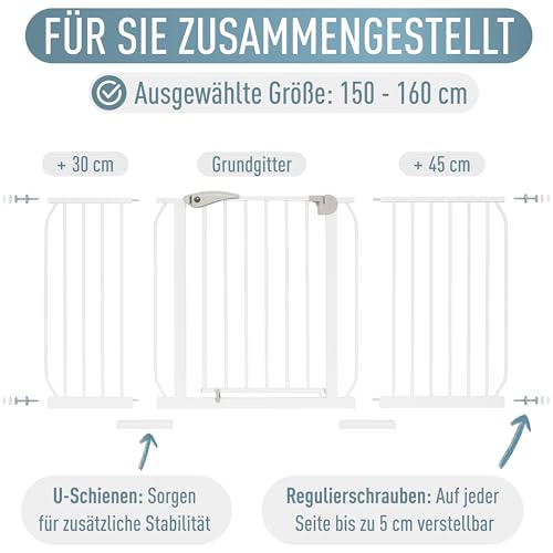 IB STYLE Treppenschutzgitter für Babys Berrin 150-160 cm - Türschutzgitter, Hundeabsperrgitter aus Metall, Einfache Montage, Ohne Bohren, Weiß