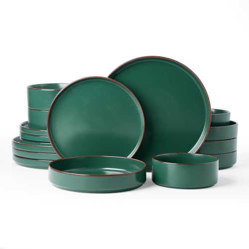 Image of Famiware Nebula Ridge 16-Piece Dinnerware Set with Pasta Bowls, Dark Green | Stoneware Plates and Bowls for 4, Warm Hand-Painted Rims, Microwave and Dishwasher Safe