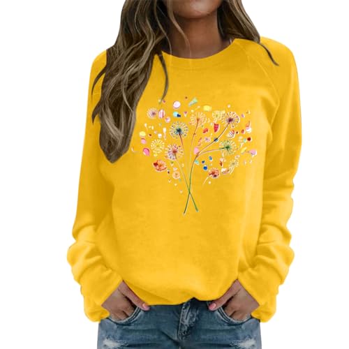 Sweatshirt femme élégant à col rond et imprimé pissenlit jaune décontracté