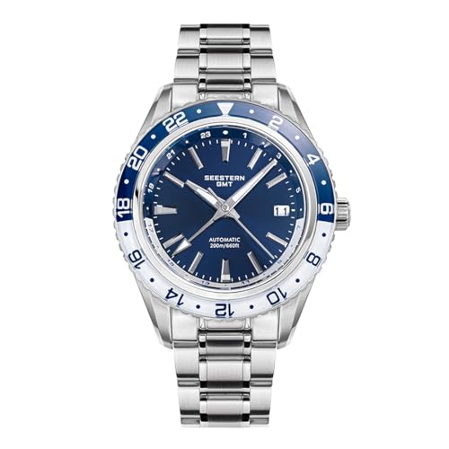 Seestern S456 GMT Automatique Acier Date Bleu Blanc Saphir Montre Homme, bleu