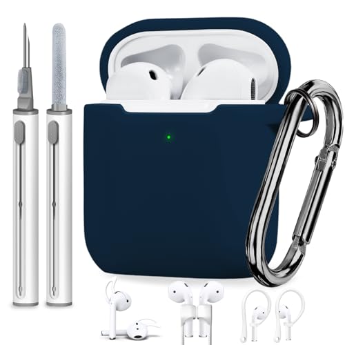 【6 in 1】 AirPods 2nd Generation & 1st Generation Case Cover with Cleaner kit、Strap Anti-Lost Cord Sports Lanyard and Ear Hooks Cover（2 Types） Soft Silicone Protective Cover for Apple AirPods 1/2