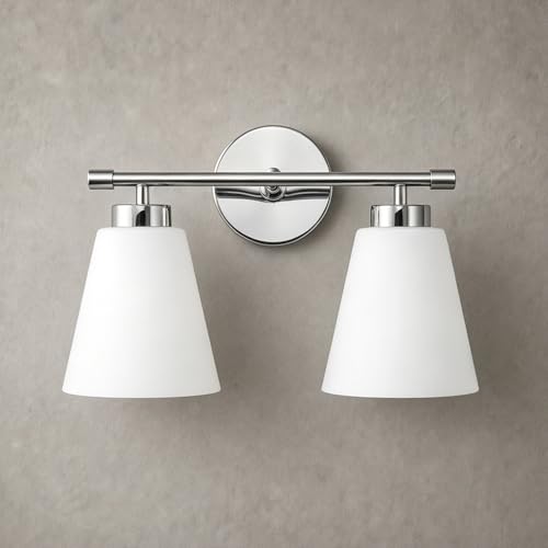 Hamilyeah Modern Chrome Bathroom Vanity Light Fixture Over Mirror, 2 Light Vanity Lighting Fixture with Frosted Glass Shade, Silver Wall Sconce Lighting for Bath, Bedroom, Kitchen, Hallway
