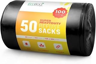 EcoBag - 50 Pack Super Strong Heavy Duty Refuse Sacks - Recyclable Bags, Leak Resistant, Durable Waste Disposal Bags For Wheelie Bins, Large Household Bins, Garden&Bulky Waste, 35 Micron (Μm)/100l