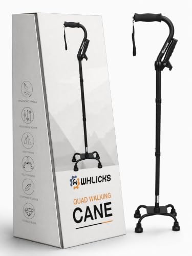Image of WHLICKS Quad Cane for Stability, Adjustable Walking Cane for Women & Men with A Large 4 Pronged Base for Balance, 350lbs Heavy Duty Cane with 4 Legs & Second Handle, Walking Sticks for Seniors