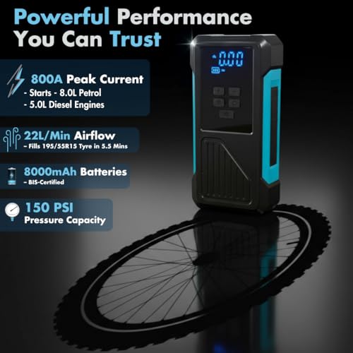 Image of Reffair AirSwift100 4-in-1 Jump Starter (800A Peak - 8L Gas /5L Diesel), Portable Tyre Inflator (150 PSI, 22L /Min), 8000mAh Power Bank, LED Emergency Light - BIS Certified, Compact with Bag