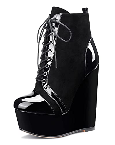 Saekcted Bottines Talons Hauts Semelles Compensées Pour Femmes Bout Arrondi et Plateforme Grandes Tailles Bottes Avec Lacets Noir Suède 43 EU Cover