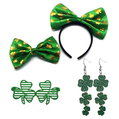Lot de 4 accessoires pour la Saint Patrick comprenant un bandeau, des lunettes, des boucles d'oreilles et un nœud papillon élastique en forme de trèfle pour femmes et hommes
