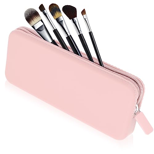 Sakolla Travel Makeup Brush Holder, Silicone Makeup Brush Bag with Zipper Closure, Makeup Brushes Organizer Case Washable Makeup Pouch Holder Case for Daily, Work, Essentials (Pink)