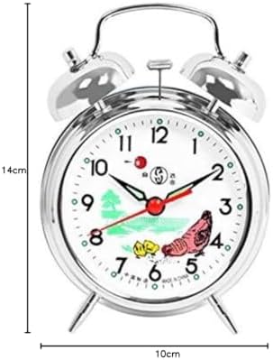 Double Bell Mechanical Wind Alarm Clock with Rooster Peck at Rice Design,Silver