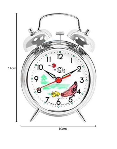 Double Bell Mechanical Wind Alarm Clock with Rooster Peck at Rice Design,Silver