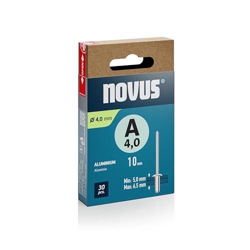 Novus Tools Rivets aveugles en aluminium Ø 4,0 mm, longueur 10 mm, 30 rivets, épaisseur du matériau 5,0-6,5 mm, fixation de métaux non ferreux, plastique, matériaux légers, cuir et tissus