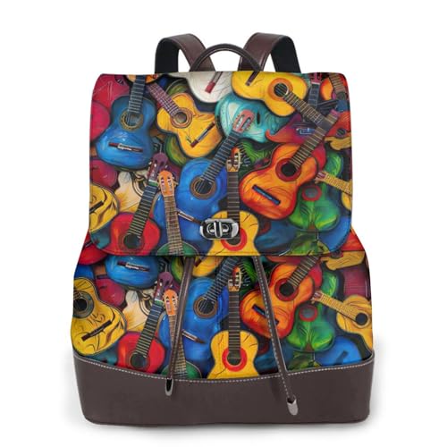 Sac à dos de randonnée décontracté en cuir noir à motif guitare