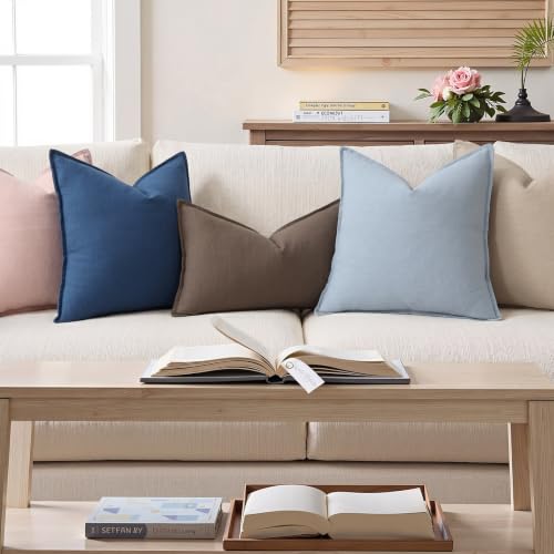 Image of decorUhome Decorative Linen Throw Pillow Covers 12x20 Inch Set of 2 Blue Lumbar Neutral Pillow Covers with Flange Edges Soft Farmhouse Boho Accent Pillow Cases for Couch Bed Living Room