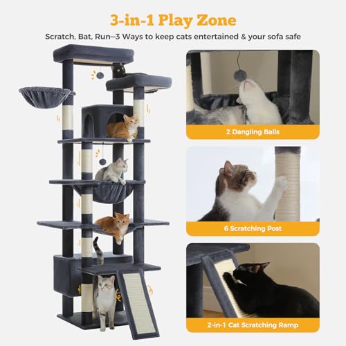 Image of MUTTROS 81 inch Heavy Duty Cat Tree for Large Cats up to 20lbs - Extra Tall Cat Tower with Metal Frame Hammock, 6 Sisal Scratching Posts, 2 Perches - Indoor Cat Furniture for Maine Coon, Dark Gray