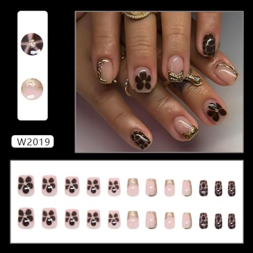 Image of Short Square Press on Nails Flower Fake Nails Gold Chrome Glue on Nails Glossy Full Cover Stick on Nail Reusable Artificial Acrylic French Tip False Nail for Women Girls Manicure 24Pcs