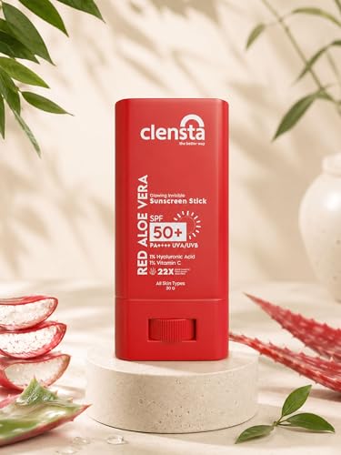 Image of Clensta Red Aloe Vera Sun Stick SPF 50 PA++++ with Hyaluronic Acid &1% Vitamin C | Broad Spectrum UVA & UVB Protection | No White Cast, Lightweight & Travel-Friendly | Easy Reapplication Sunscreen Stick | 20gm