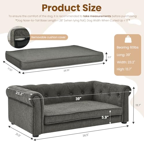 KrenzhHome Elevated Dog Sofa with Backrest and Armrests, Button Tufted Dog Couch Bed with Soft Cushion for Medium Dogs, Stylish Lounging Bed Pet Couch Chair, 60Lbs Weight Capacity, Dark Gray
