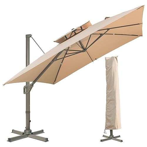 LKINBO Sonnenschirm Quadratisch 300 x 300 cm mit Ständer und Kurbel, Groß Ampelschirm Neigbar 360°Drehbar Parasol Windfest Gartenschirm Wasserdicht Marktschirm für Garten Deck Outdoor, Khaki