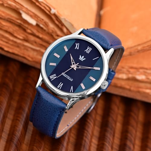 Image of CRESTELLO Faux Leather Strap Analog Wrist Watch for Men (Black /Blue /Green /Brown /Silver Dial) | CR-WT044