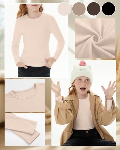 Image of 4 Pack Girls Long Sleeve Shirts Ribbed Knit Cotton Crewneck Tops Slim Fit Soft Casual Kids Base Layer Undershirts