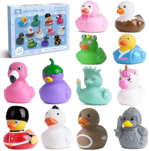 12 Rubber Ducks Bath Toys for Toddlers, Hole-Free Bathtub Toys & Baby Pool Toys, from 18 Months for Girls and Boys