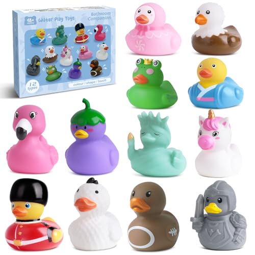 12 Patos de borracha brinquedos de banho para bebés, sem furos antimofo, brinquedos flutuantes para piscina infantil, brinquedos educativos sensoriais para meninos e meninas de 18 meses