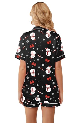 Image of Schbbbta Pajamas for Women, Satin Silk PJS Set 2 Piece Button Down Short Sleeves Sleepwear Soft Comfy Sexy Homewear Outfit, R Christmas Snowman Black, Medium