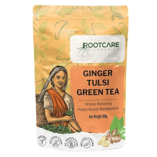 Image of Rootcare Organics green tea for weight loss Tulsi Ginger Herbal Tea 100g Pack Of 1 Month Rich in Antioxidants Supports Digestion Stress Relieving Helps Boost Metabolism Caffeine-Free Loose Leaves