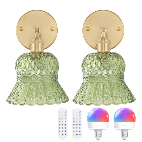 Image of Shenmoyl Vintage Battery Operated Wall Sconces Set of Two, Rechargeable Battery Powered Wall Sconce with Remote Control, Wireless Dimmable LED Light for Bedside Bathroom Living Room (Green Pineapple)