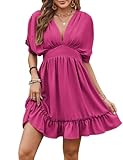 GRACE KARIN Women’s 2024 Summer Swing Mini Dress Short Sleeve Deep V Neck A Line Flowy Short Dress Beach Dress Hot Pink Dress L, Rose Red