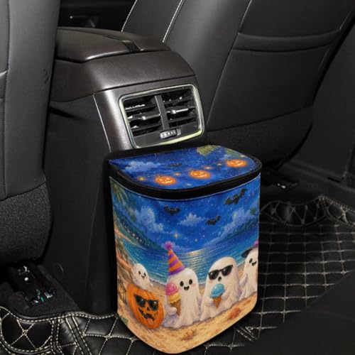 Image of Talayituse Beach Ghost Pumpkin Bat Print Car Trash Can with Lid, Leak Proof Auto Trash Bag Hanging Vehicle Garbage Can Multipurpose Storage Container for Back Seat Road Trip Halloween Decor