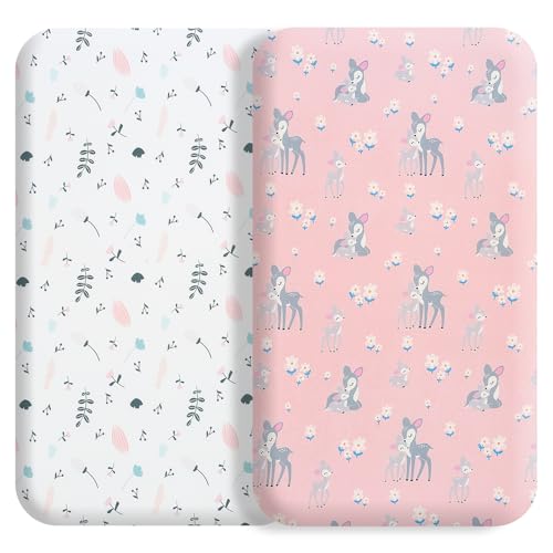 Image of FHMJYH Bassinet Sheet Set Halo Bassinest Fitted Sheets 2 Pack Rectangle Oval Halo Hourglass Mattress Stretchy Bassinet Sheets Soft Comfortable Boys Girls Unisex Leaves & Deer Baby