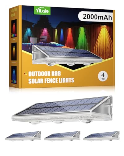 YiLaie Solar Fence Lights Outdoor - Warm White & RGB 6 Color, Solar Lights Outdoor IP67 Waterproof, Garden Lights for Outside/Backyard/Railing/Step/Patio/Wall (4 Pack)