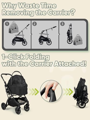 Image of Small Dog Stroller, Pet Stroller for Small Dogs, 5-in-1 Dog Strollers - Fold All in One Without Detaching Carrier, Pet Strollers with Removable Waterproof Carrier for Dogs Cats 10 lbs 20 lbs, Black