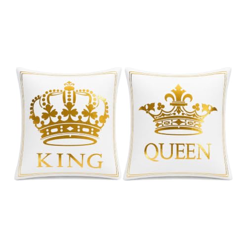 AHAHM King and Queen Crown Throw Pillow Cover Farmhouse Decorative Throw Pillow Case Indoor Outdoor Cushion Cover White Gold Pillowcase for Couch Living Room Bedroom 18 x 18 Inch Set of 2(King A)