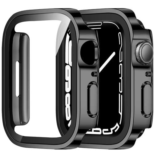ZZDZZ 2 Piezas Funda Compatible con Apple Watch Series 9 8 7 45mm con Protector de Pantalla Vidrio Templado, HD Ultra Thin PC Dura Estuche Protector para iWatch 45mm (Negro)