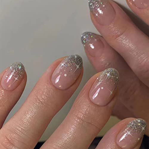 24pcs Short Oval False Nails Glitter Silver Tip Stick on Nails Nude Pink Press on Nail Removable Glue on Acrylic Full Cover Fake Nail Art Accessories for Women