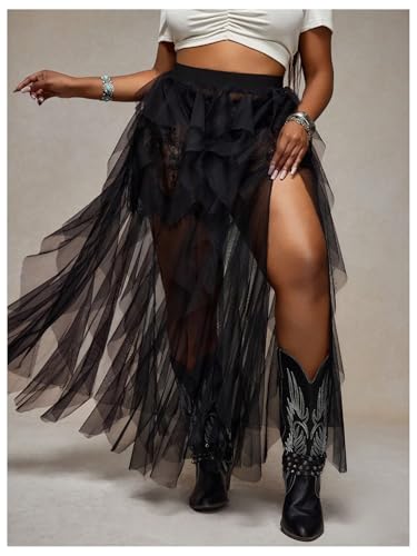 Verdusa Women's Plus Size Mesh Sheer Thigh Slit Tulle Skirts Ruffle Maxi Skirt3