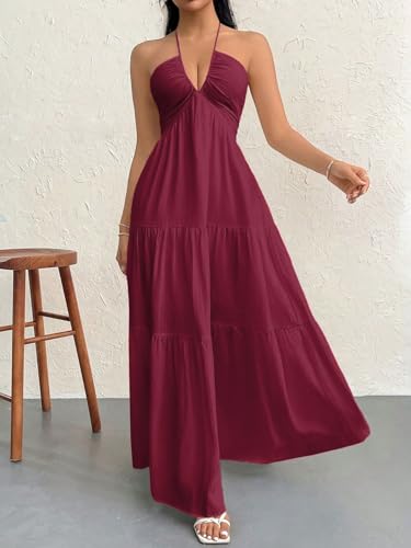 Image of Narecte Women's Maxi Summer Dresses Halter V Neck Beach Dresses for Women A-Line Casual Dress for Vacation