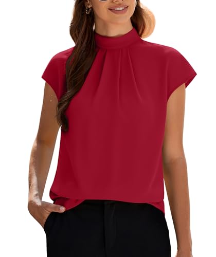Image of Funlingo Womens Summer Tops Mock Neck Short Cap Sleeve Blouses Business Casual Work Chiffon Shirts Front Pleated Tunic Top